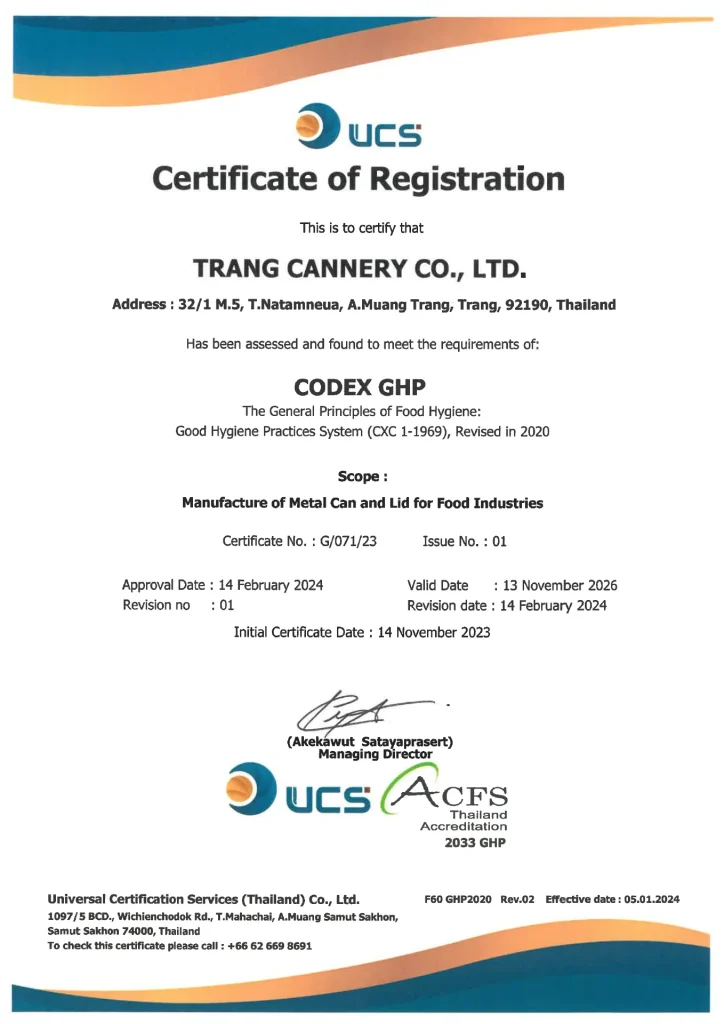 TRANG CANNERY Certificate